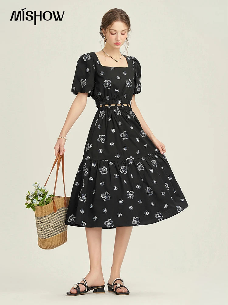 MISHOW High Waist Slim Floral Printing A-line Skirts Temperament Mid Length Skirt 2025 Summer Elastic Waist Skirt MPD21B0398