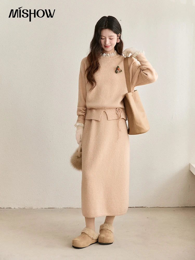 MISHOW Lace Trim Knitted Sweater Midi Skirt Set 2025 Winter Non Removable Brooch Decor Sweater Back Split Skirt Sets MXE92T1450