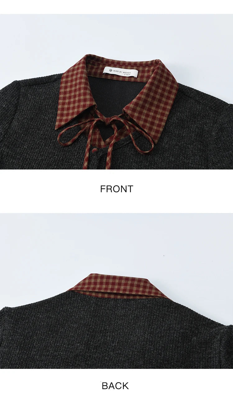 MISHOW Women's Fake Two Knitted Sweaters 2025 Autumn Plaid Splicing Embroidered Tops Retro Lapel Flare Sleeve Tops MXE45Z1401