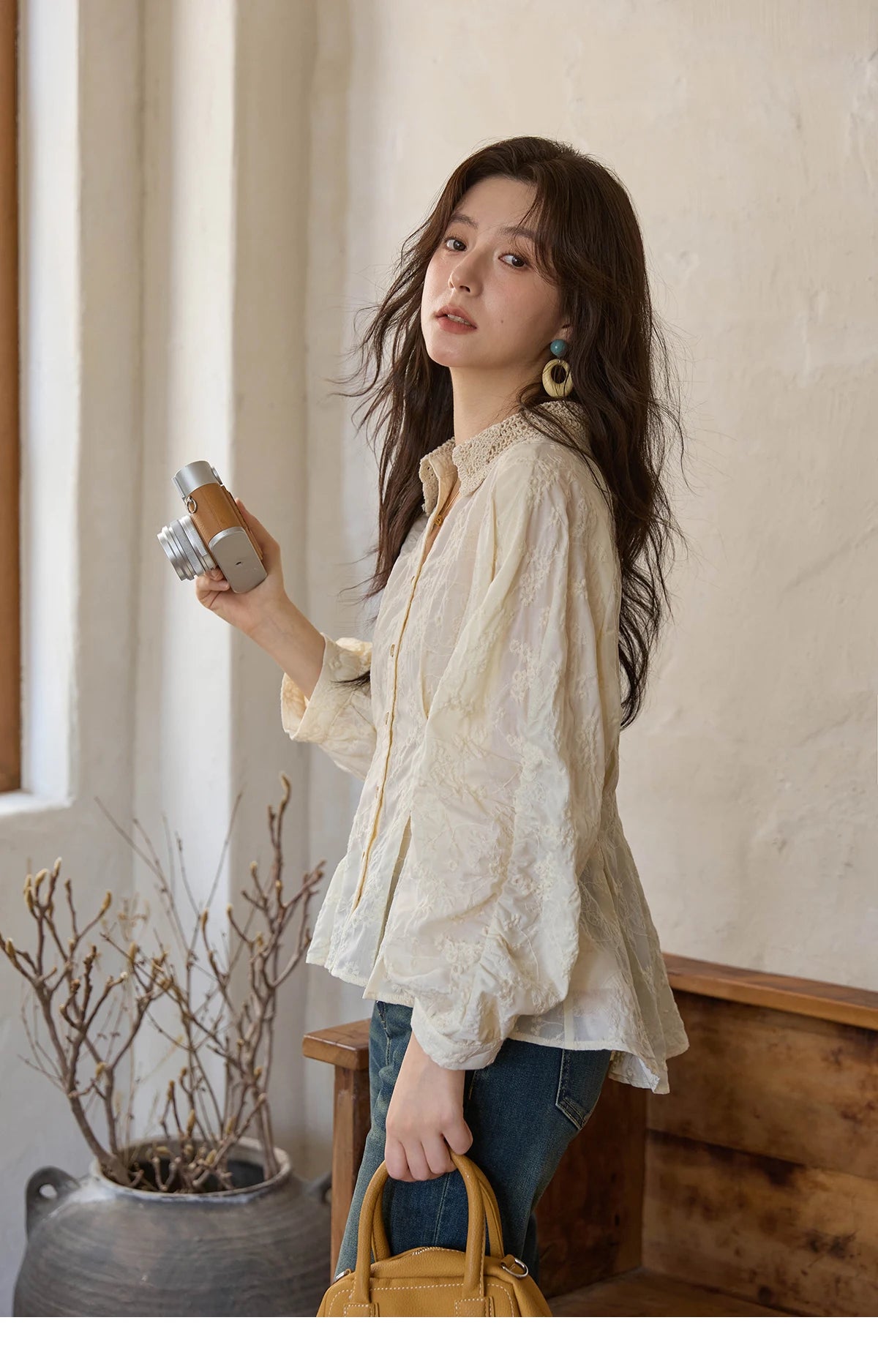 MISHOW Women's Lantern Sleeve Blouse 2025 Autumn French Lace Hollow Out Lapel Collar Shirts Waist Hem Ruffle Tops MXE42C2372