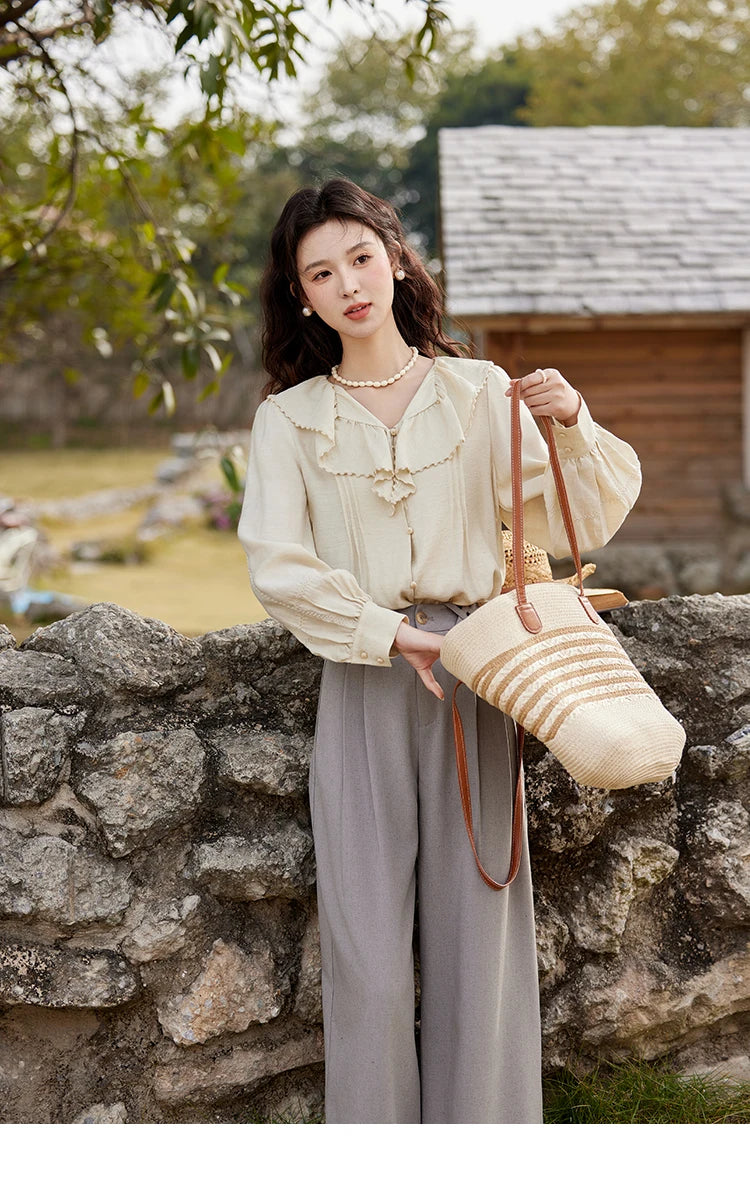 MISHOW Lotus Leaf Collar Shirt Bubble Sleeves Pink Shirt for Women Spring 2025 Sweet Chiffon Top Temperament Shirts MXE12X1702