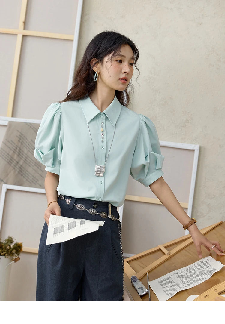 MISHOW Light Green Bubble Sleeve Shirt for Women Summer 2025 Lapel Collar Irregular Button Shirts Cotton Commuter Top MXE34C0788