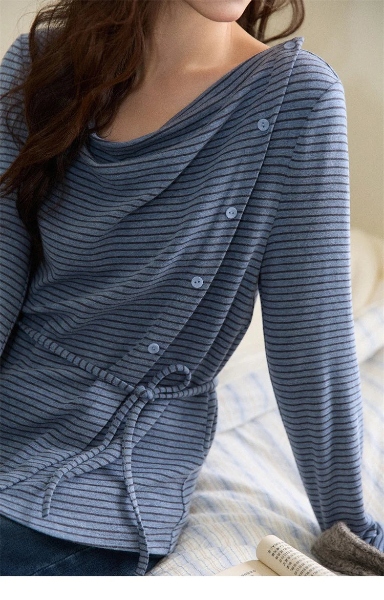 Mishow Retro Crew Neck Tie-Up Striped Top MXE87Z2700