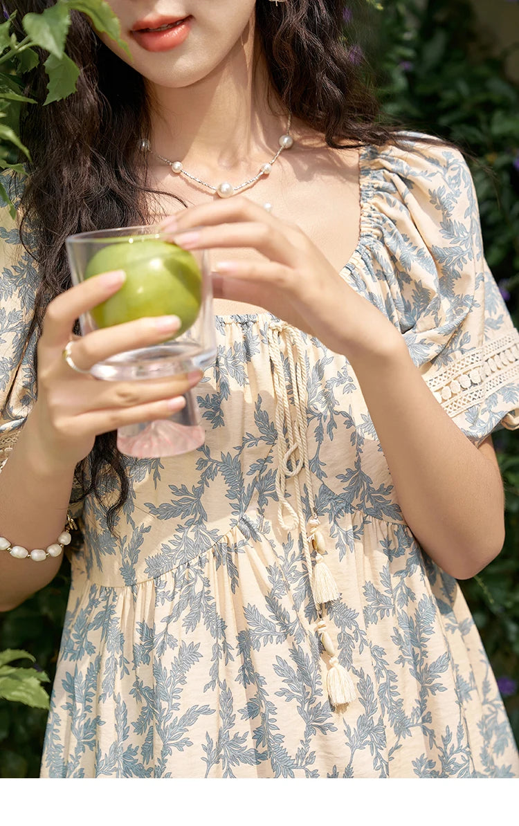 MISHOW French Floral Printing Dress for Women 2024 Summer Vacation U Neck Lace-up Bubble Sleeve Loose Doll Dresses MXD27L1898