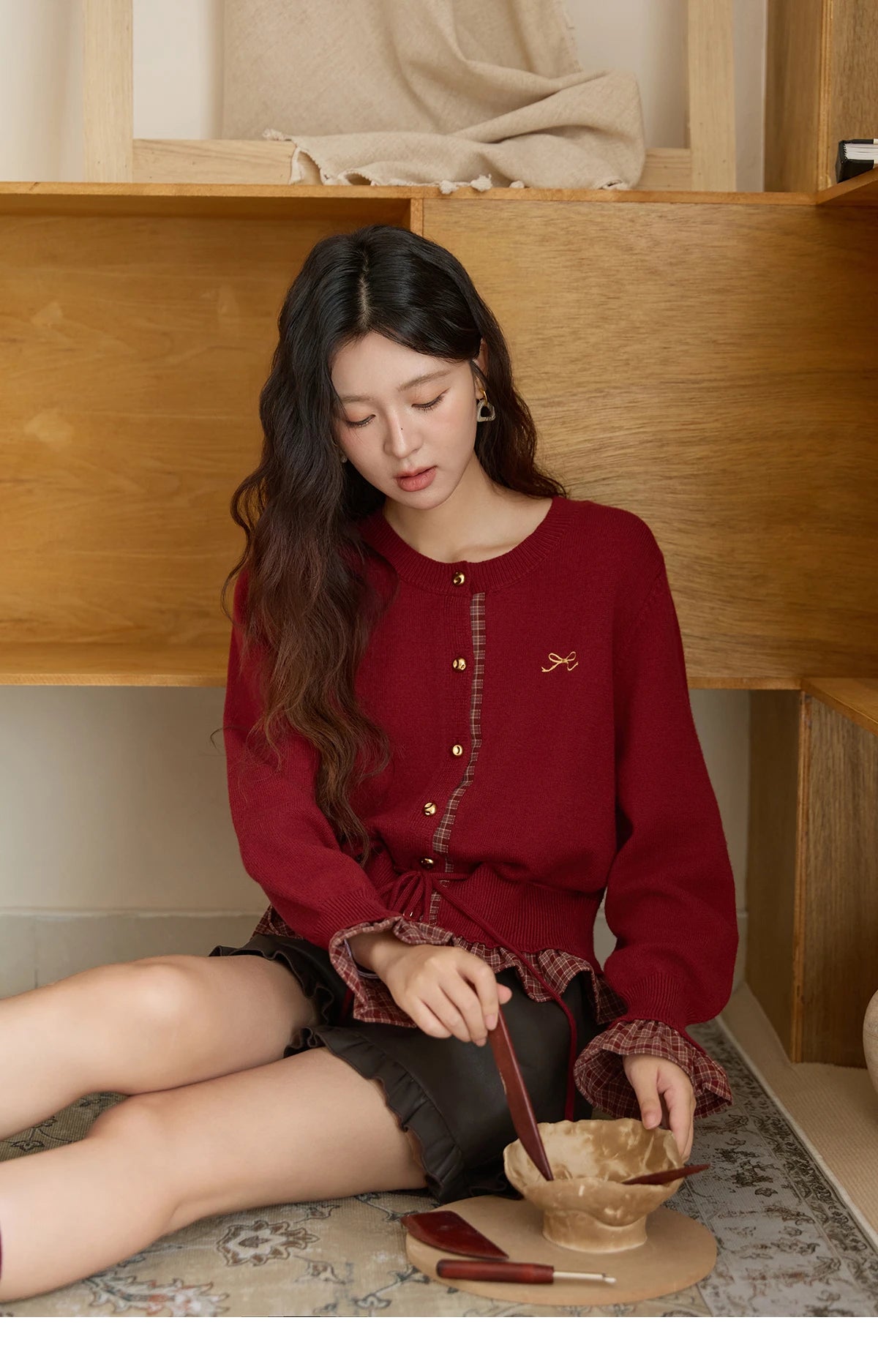 MISHOW Christmas Women's Cardigan 2025 Red Fake Two-Piece Plaid Patchwork Knit Top O-Neck Single-Breasted Outerwear MXE45Z2483