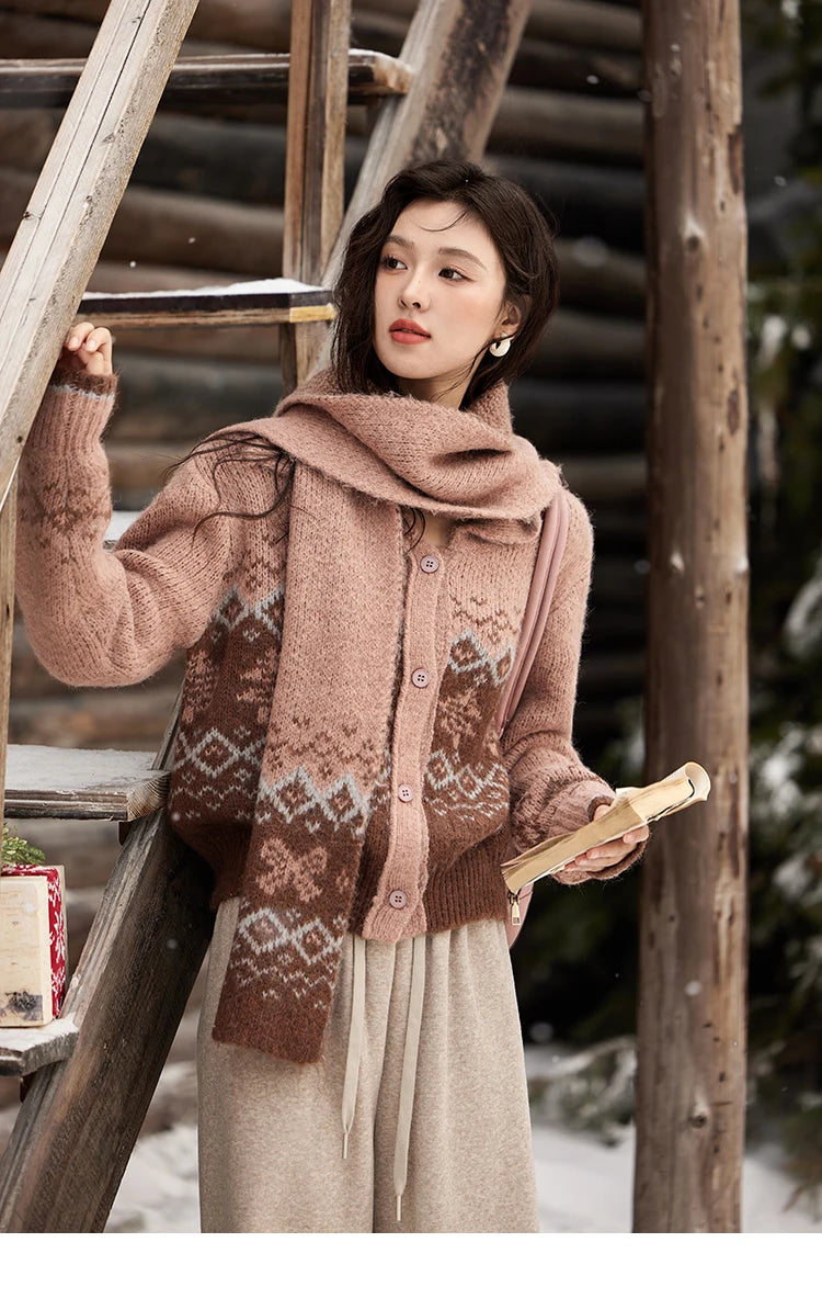 MISHOW Fair Isle Knitting Sweater Christmas Retro Cardigan Women Temperament Turn Down Collar Soft Warm Knitted Coat MXD58Z1036