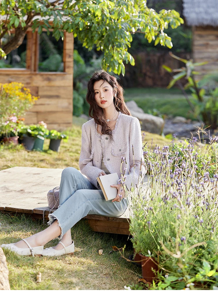 MISHOW Tassel Fragrant Coat for Women 2025 Spring Rose Buckle Weave Short Coats Elegant Square Neck Straight Coats MXE13W0733