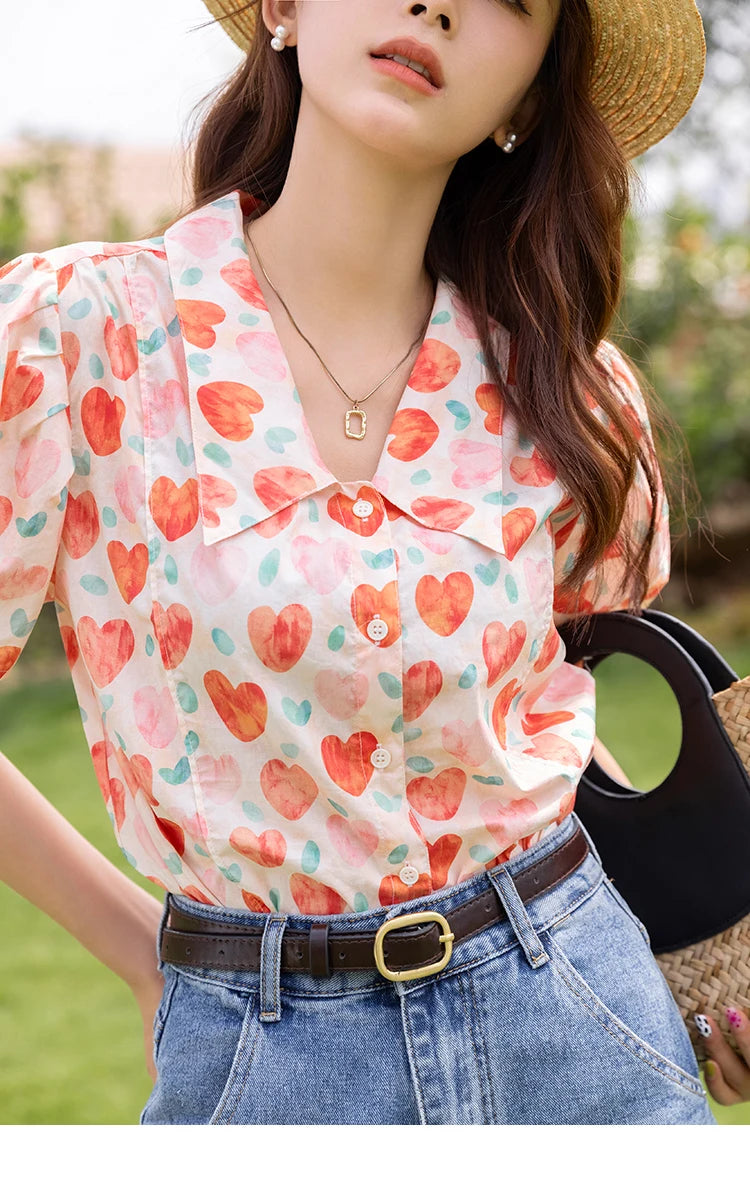 MISHOW Korean Floral Blouse Polo-Neck Puff Sleeve MXB27C0450