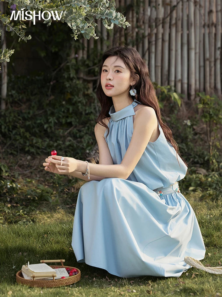 MISHOW Vacation Skirt Set Woman 2025 New Solid Halter Neck Sleeveless Short Tops Midi Loose Skirt Female with Belt MXE33T0546