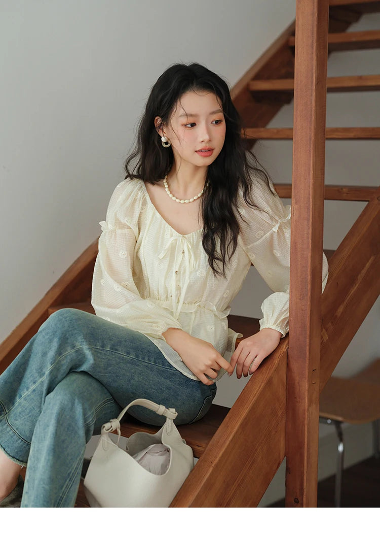 MISHOW Women's Fashion Cashew Flower Embroidered Blouse 2025 Autumn V-neck Lace Up Puff Sleeve Ladies Elegant Top MXE41X1945