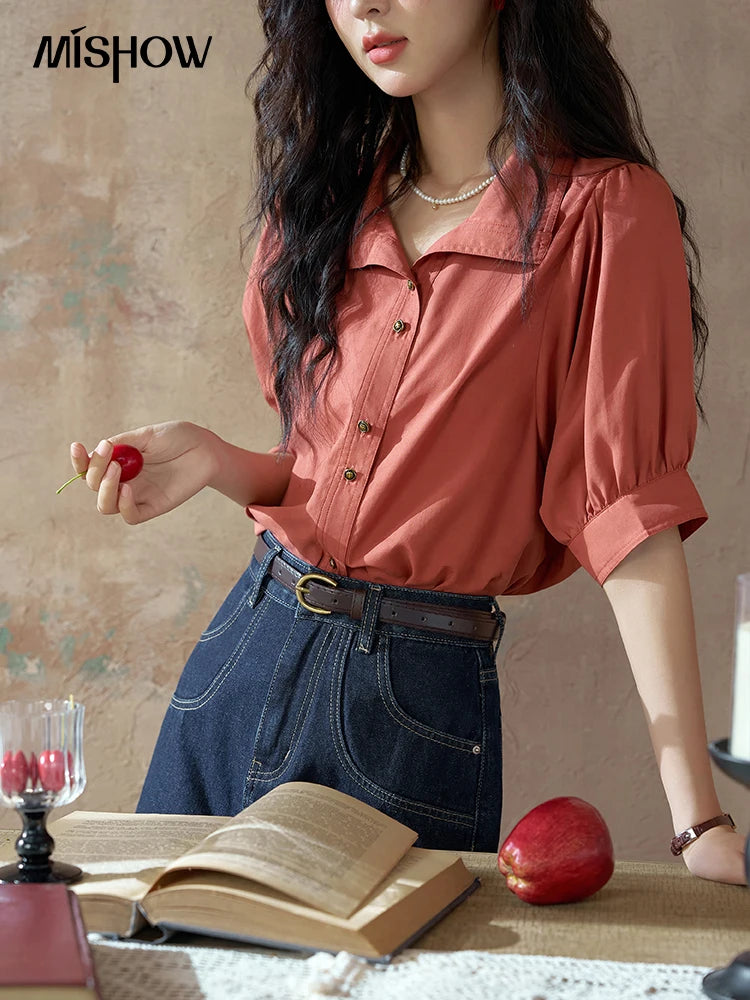 MISHOW Women's Short Sleeve Shirt Summer Thin Casual Simple Loose Elegant Blouses for Women 2024 Fashion Lapel Tops MXD28C0247