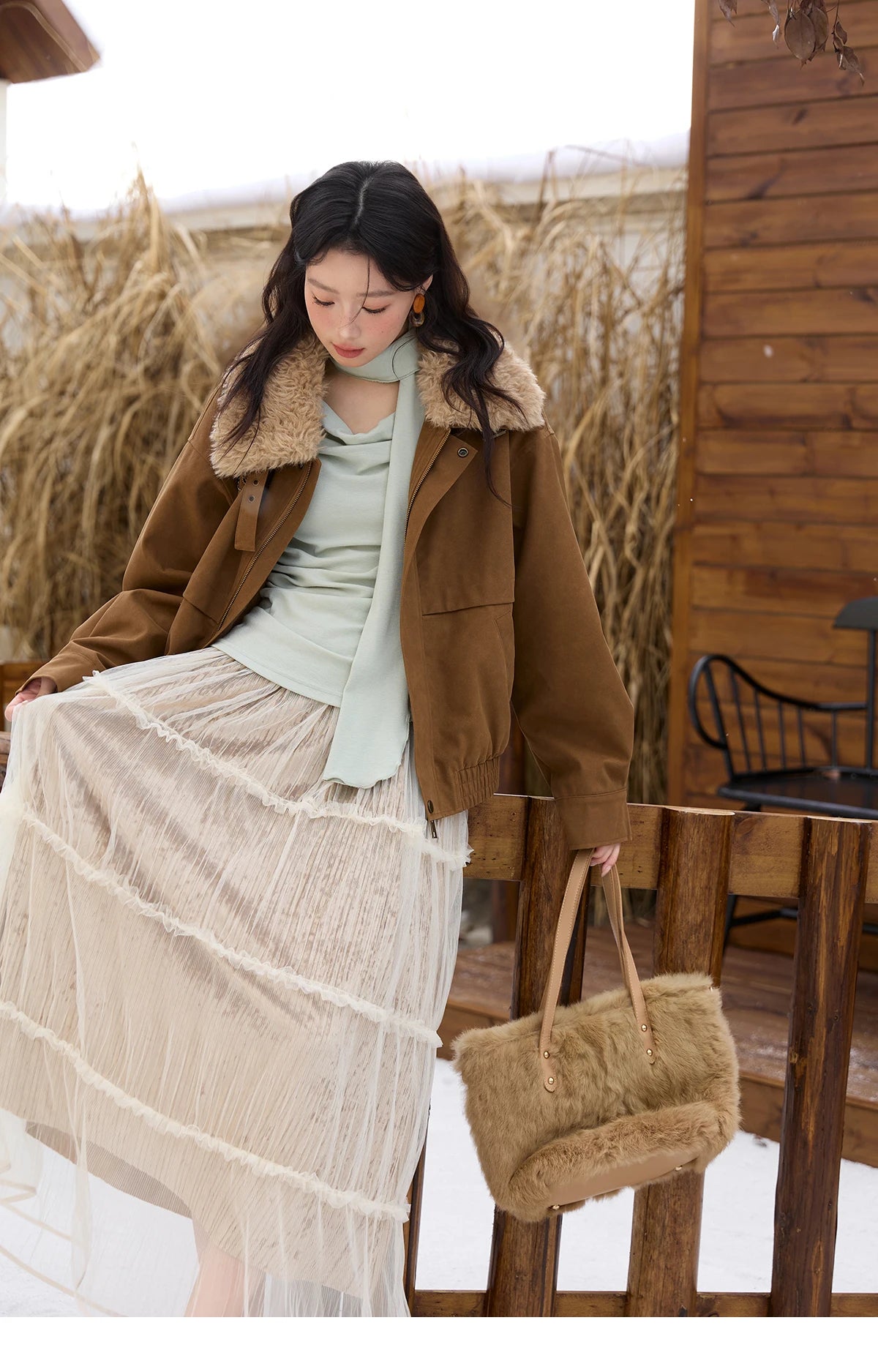 MISHOW Brown Suede Jacket for Women 2025 Winter New Detachable Fur Collar Coat commute Long Sleeve Zipper Jacket MXE51W0876