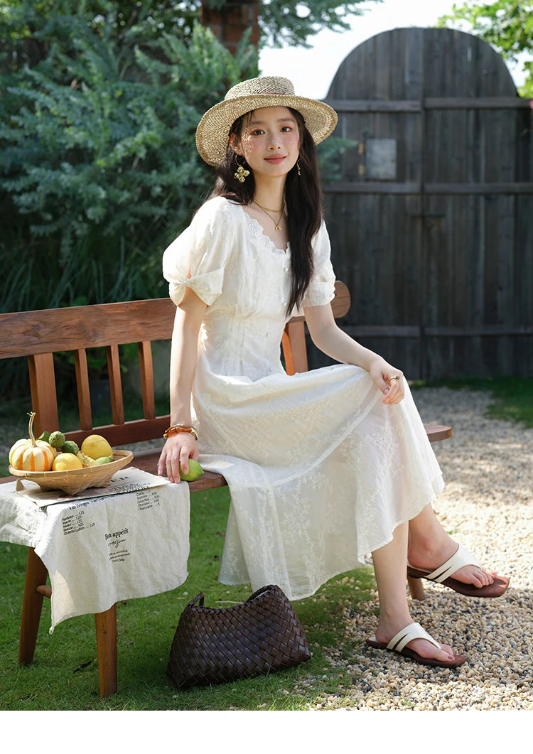 Mishow V-Neck Lace Embroidery Puff Sleeve Dress MXE39L2432