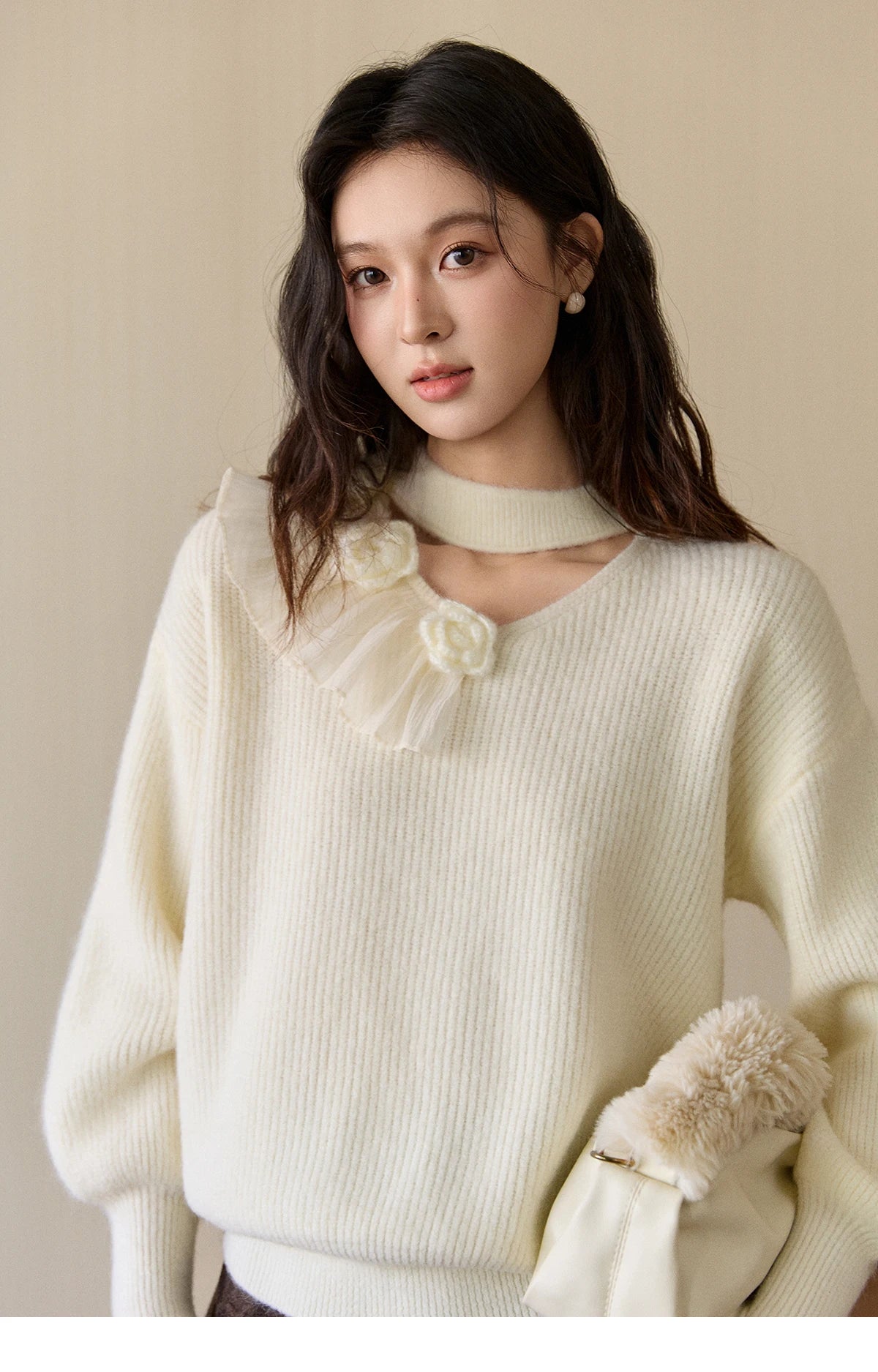 MISHOW Women's Cutout Neck Knitted Sweater 2025 Winter Ruffle Flower Decor Dropped Lantern Sleeves Pullover Tops MXE94Z2982