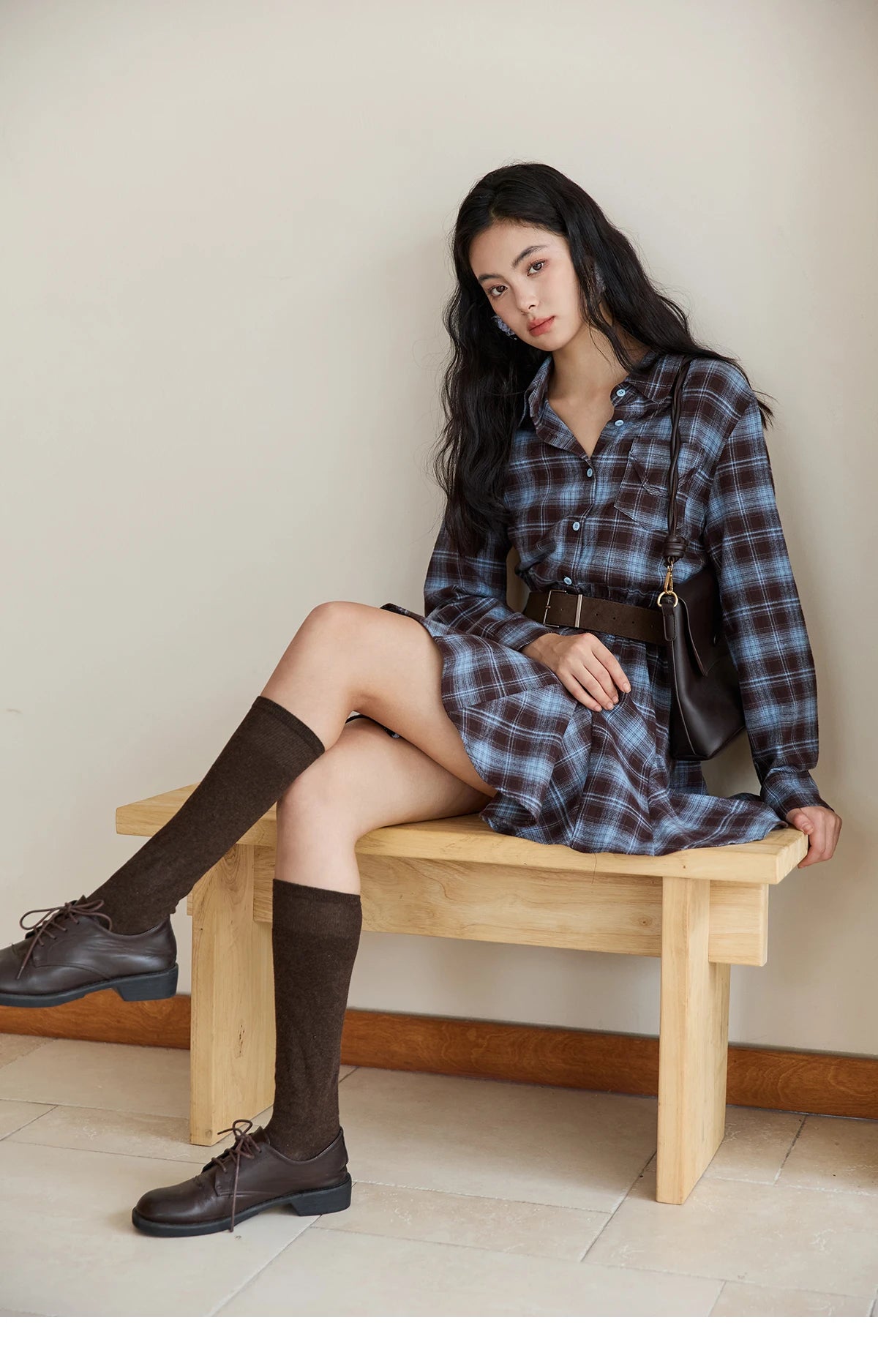 MISHOW Women's Blue Plaid Short Dress 2025 Autumn Retro Turn-down Collar Waist-Cinched Long Sleeve Dress with Belt MXE48L2525