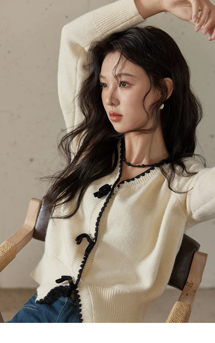 MISHOW Simple Knitted Cardigan Women V-Neck Single Breasted Bow Sweater Jacket Elegant French Long Sleeve Knitted Top MXD34Z0938