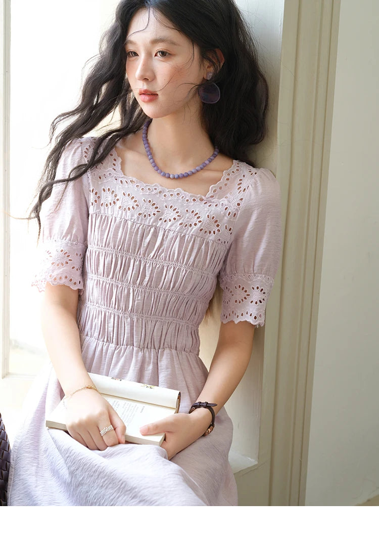MISHOW Puff Sleeve Dress for Women 2025 Summer New Square Neck Fashion Lace Hollow Purple Dresses Female Clothing MXE39L2406