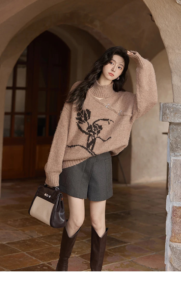 MISHOW Chinese Hollow Out Sweaters for Women 2024 Autumn Winter Loose Casual Design Sweet Floral Knitted Pullovers MXD36Z0888
