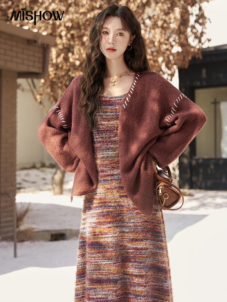 MISHOW Retro Slip Knitted Dresses Coat Separately Women Autumn Winter Sweater Cardigan Slim Knit Suspender Dress MXC59L1625
