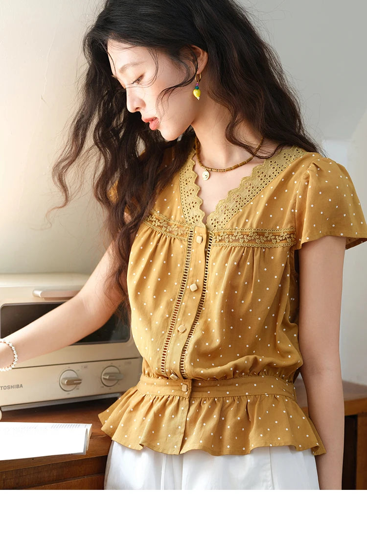 MISHOW Women's V-neck Lace Splicing Blouse 2025 Summer New Ladies Fashion Polka Dot Hollow Ruffle Button Female Top MXE38X1847