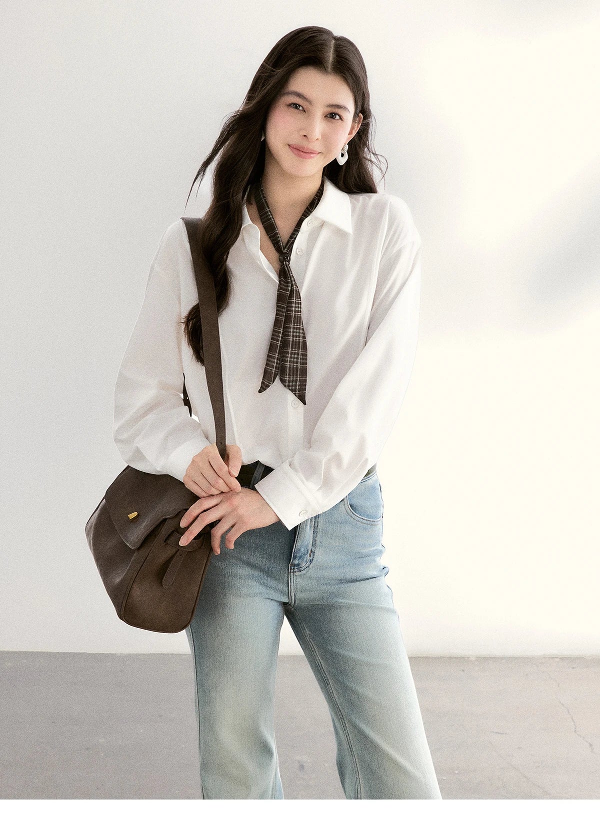 MISHOW Women's Casual Loose Shirt with Plaid Scarf 2026 Spring Lapel Tops Versatile Long Sleeve Shirts Office Lady MXF108C0815