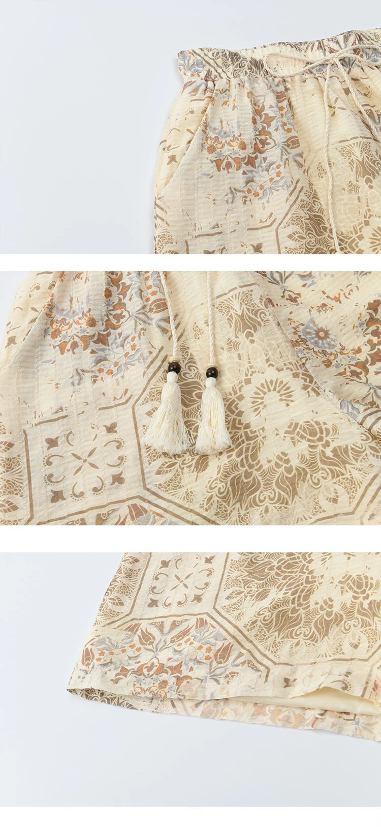 MISHOW Women's Two Piece Set 2025 Summer New Casual Bohemian Print Top Beaded Tassel Drawstring Pocket Shorts Set MXE39T0723