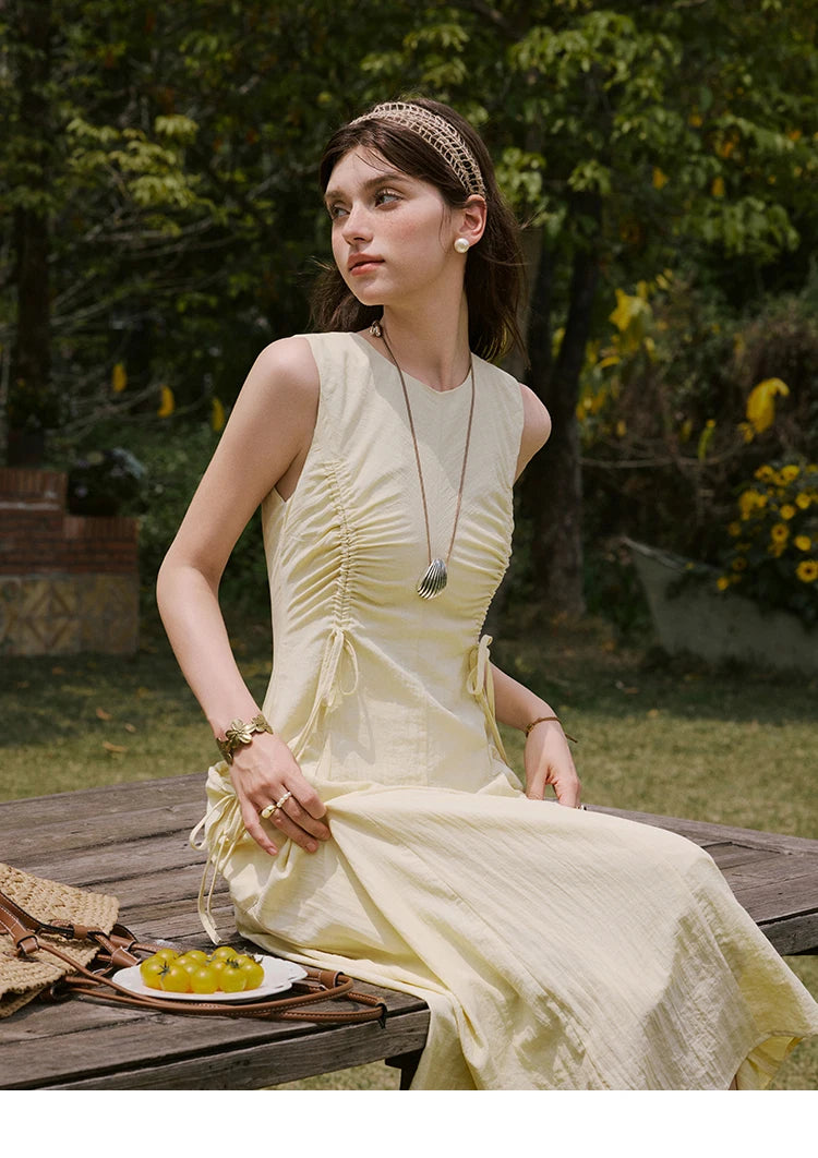 MISHOW Office Lady Summer Dress Women New 2025 Sleeveless Round Neck Drawstring Waist with Pockets Slim Dresses Woman MXE34L2228