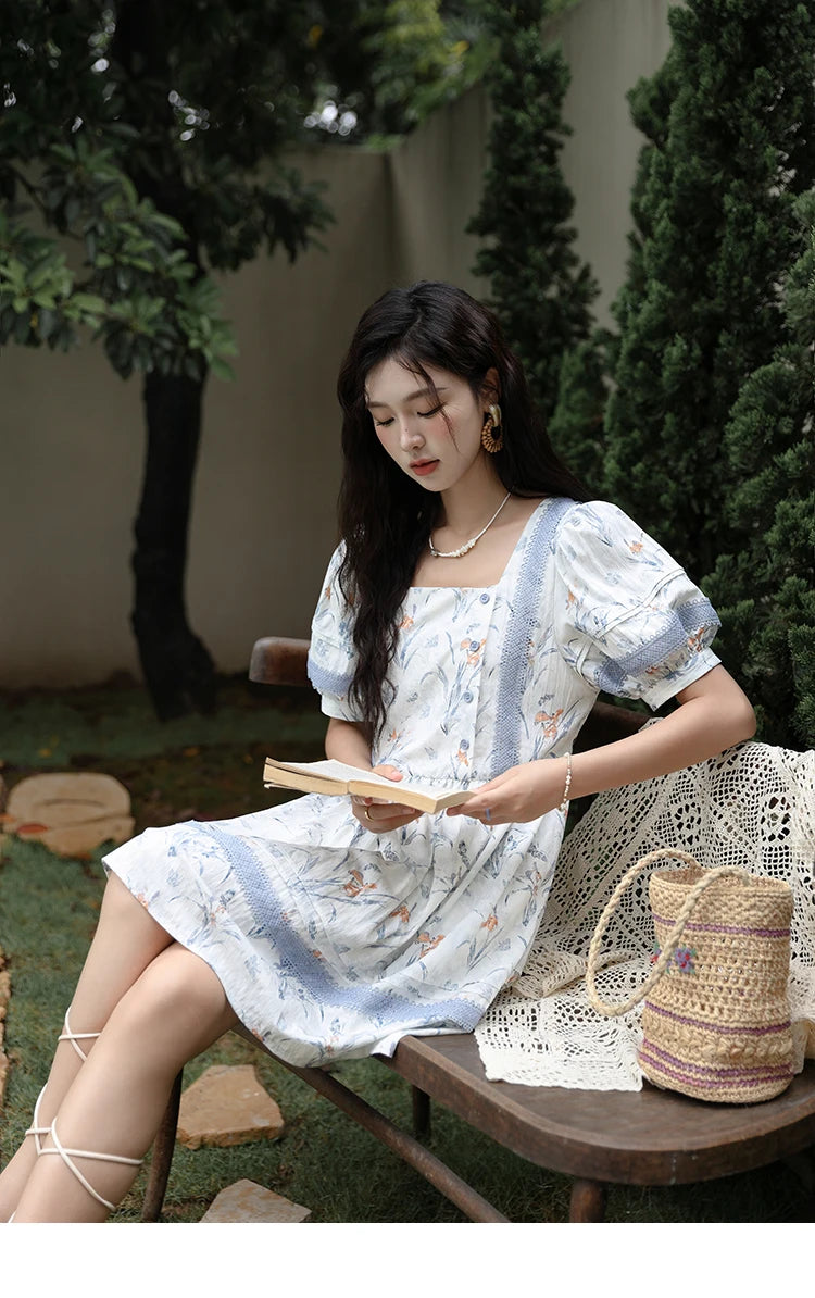 MISHOW Ink Wash Printed Fabric Dress for Women 2025 Summer French Oil Painting Square Neck Splicing Lace Doll Dresses MXD29L1932
