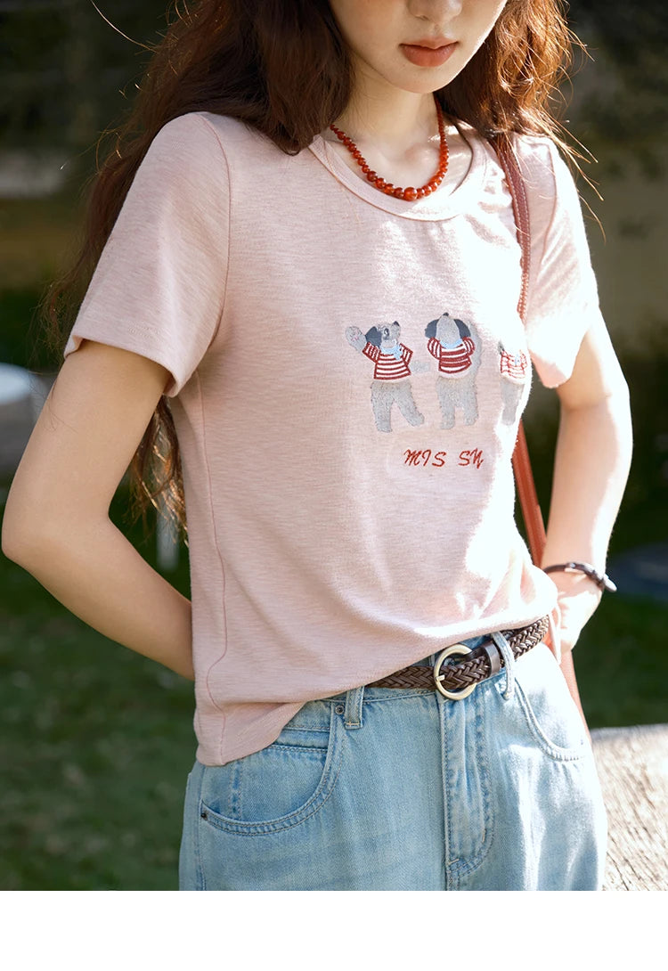 MISHOW Short Sleeve Little Bear Print T-shirt for Women 2025 Summer New O-Neck Embroidery Top Versatile Loose Tee MXE39T0699