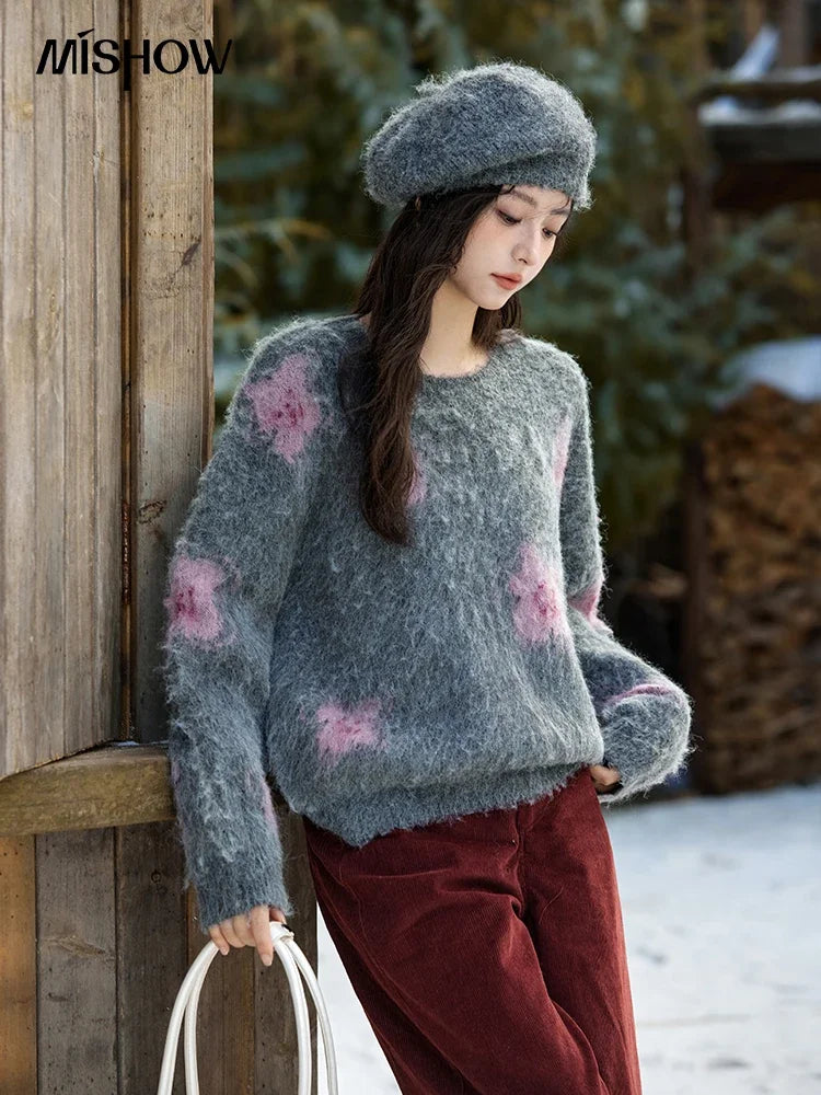 MISHOW Wool Yarn Plush Fur Flower O-Neck Pullover Knitted Sweater Women Clothes Warm Versatile Long-sleeved Tops MXD56Z1001