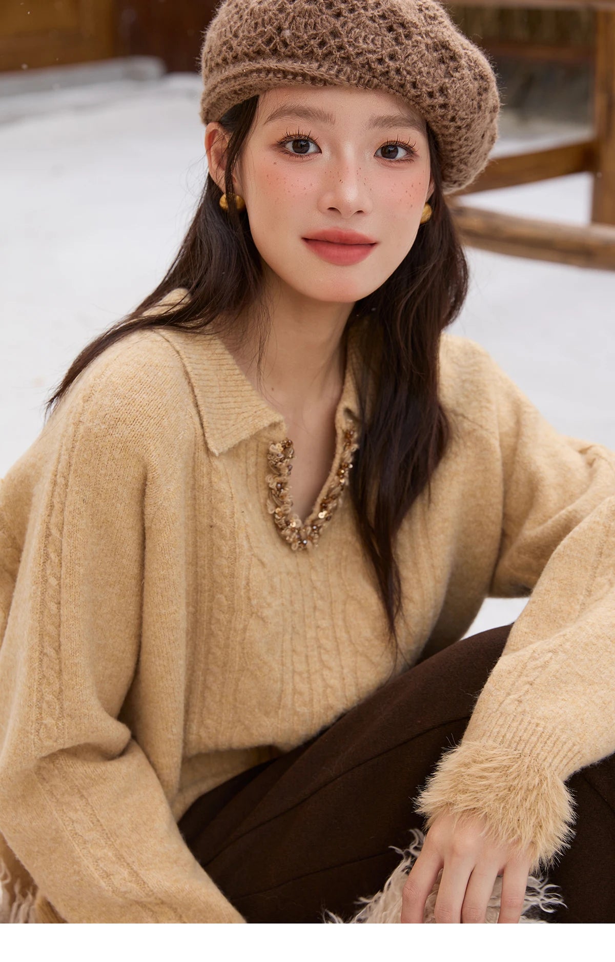 MISHOW Yellow Knitted Sweater for Women 2025 Winter New Long Sleeves Cable Plush Hem Stitching Casual Sweater Luxury MXE88Z2674