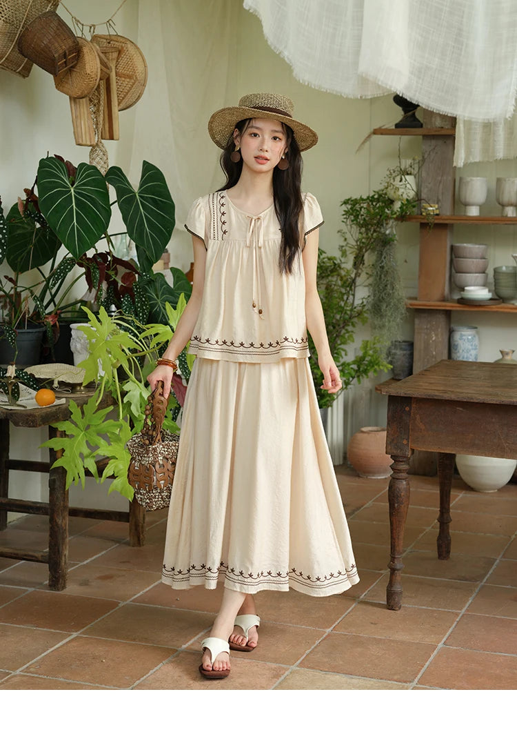 MISHOW Women Two Piece Set 2025 Summer Female Embroidery Flying Sleeve Lace Spliced Top Loose Elastic Waist Skirt Set MXE39T0667