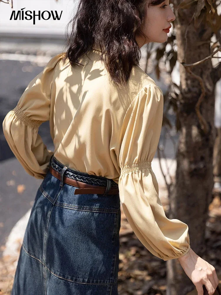 MISHOW Elegant Women's Blouse Autumn Vintage French Lantern Sleeves Turndown Collar Shirt Office Lady Female Clothing MXB32C0508