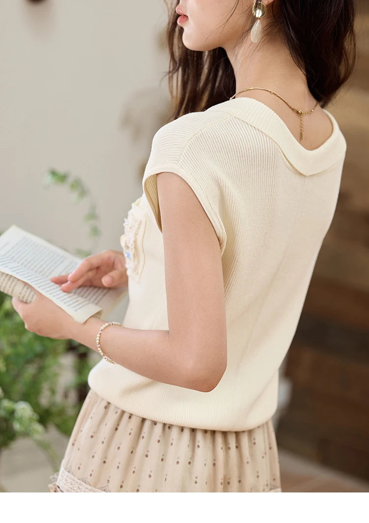 MISHOW Cool Knitted Short Sleeve T-shirt 2025 Summer V-neck Pocket Shell Lace Tops Casual Solid Raglan Sleeve Tees MXE34Z1265