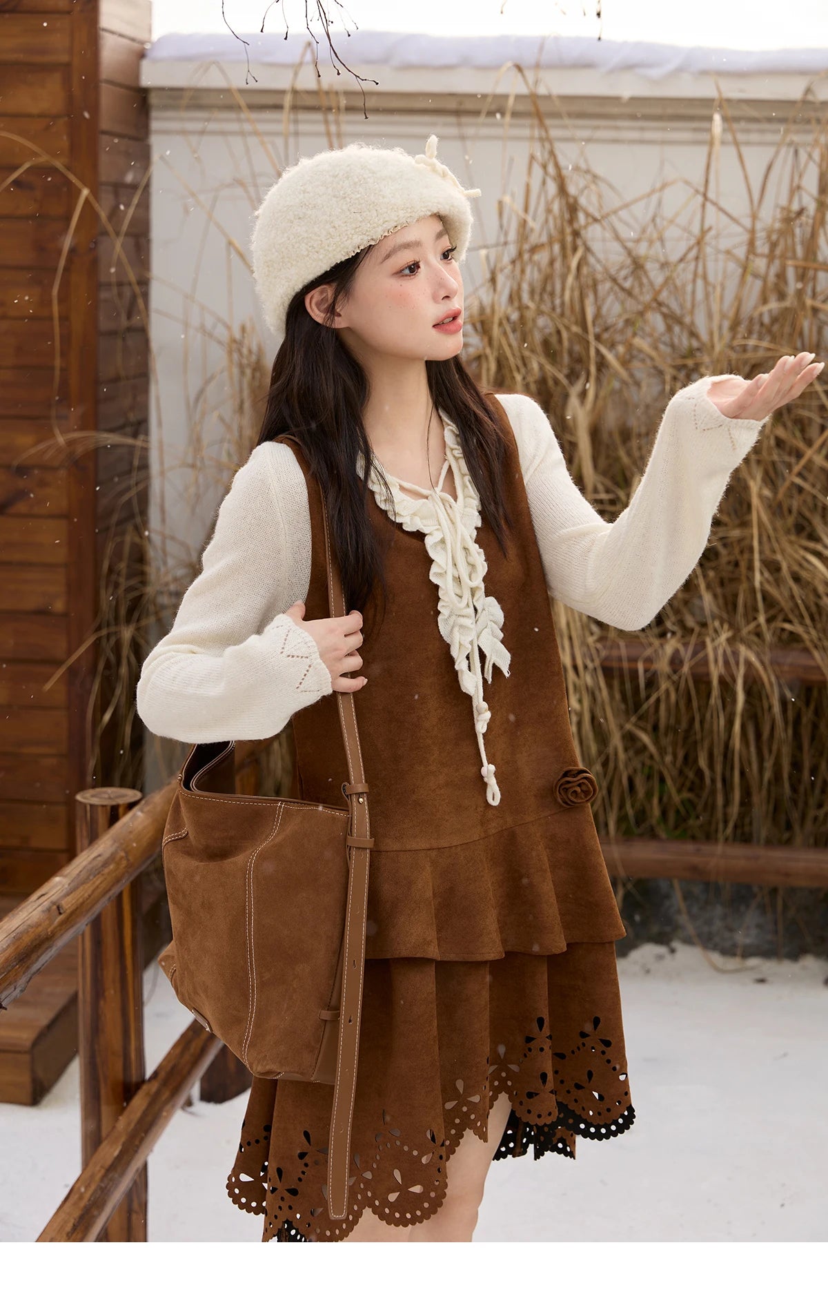 MISHOW Women's Elegant Brown Retro Suede Vest Dress 2025 Autumn Winter Hollow Out V-Neck Tank Dress Sleeveless Dress MXE51L2524