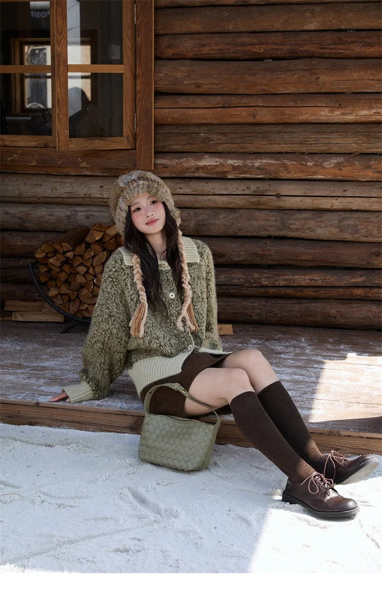 MISHOW Women's Green Retro Mottled Sweater Winter 2025 Casual Stand-up Collar Batwing Sleeves Knitted Cardigan tops MXE90Z2787