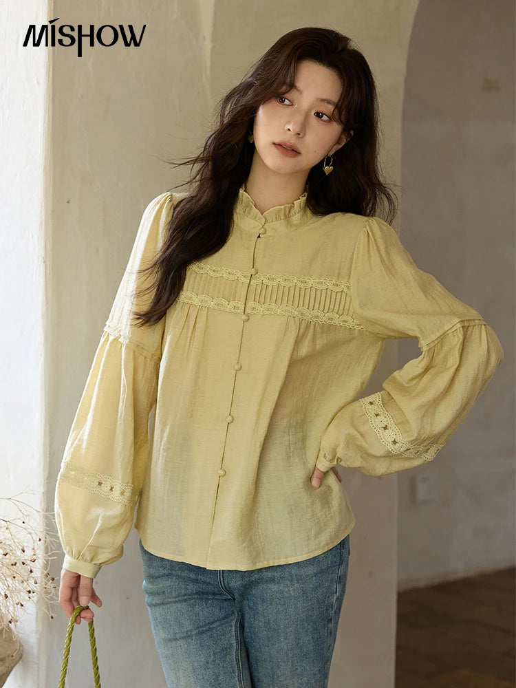 MISHOW Light Yellow Linen Solid Shirt 2025 Autumn Splicing Lace Hollow Sleeves Shirts Stand Collar Top Office Lady MXE42X1976