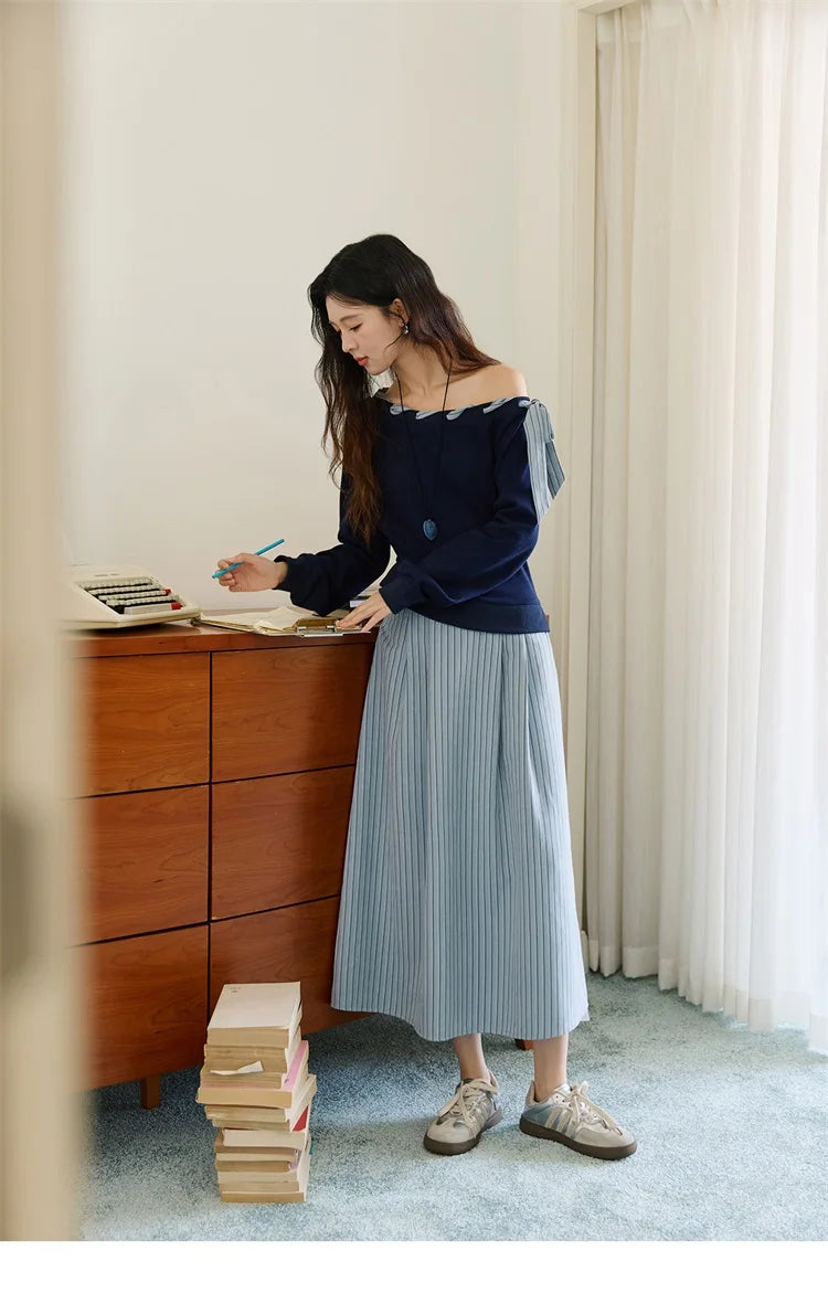 MISHOW Woman Striped Dress 2025 Autumn Blue Navy Slash Neck Contrast Lace Long-sleeved Dress Sexy Clothes for Women MXE45L2516