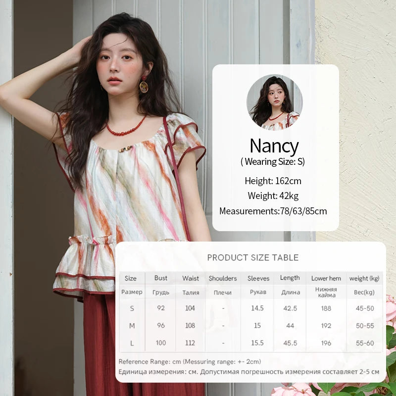 MISHOW Women's Retro Stripe Print Blouse 2025 Summer New Fashion O-Neck Butterfly Sleeve Ladies Casual Patchwork Top MXE38X1862