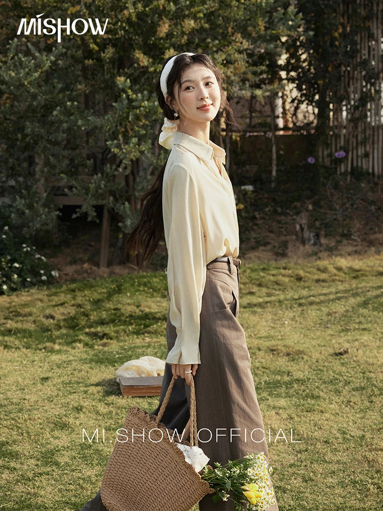 MISHOW Wave Striped Single Breasted Shirt for Women Spring 2025 Shell Buttons Solid Shirts Loose Commuter Outerwear MXE16C0422