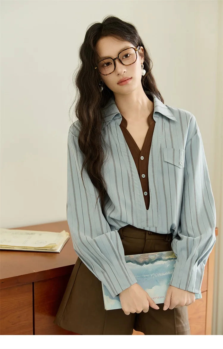 MISHOW Peach Skin Velvet Stripe Shirt for Women Autumn 2025 Double Layered Collar Contrasting Color Shirt Commute Top MXE47C2408