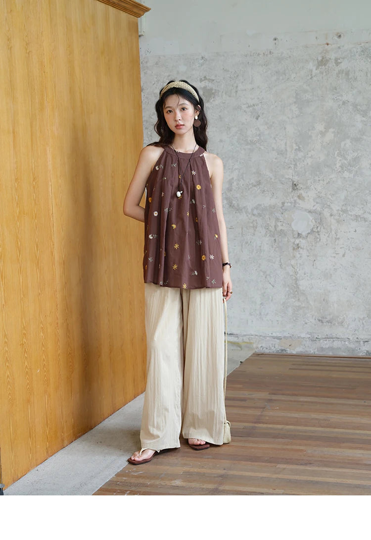 MISHOW Women's Two Piece Set 2025 Summer New Embroidery Hanging Neck Sleeveless Top Retro Khaki Wide Leg Pants Set MXE39T0713