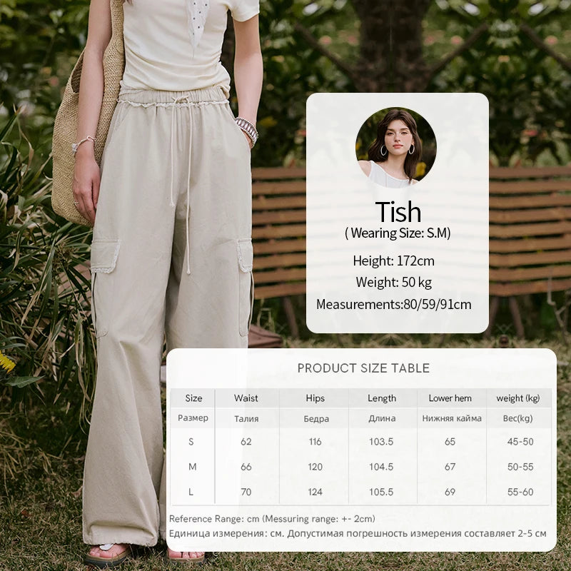 MISHOW Apricot Cargo Pants for Women in Summer 2025 Lace Patchwork Casual Pants Drawstring Elastic Waisted Trousers MXE33K0935