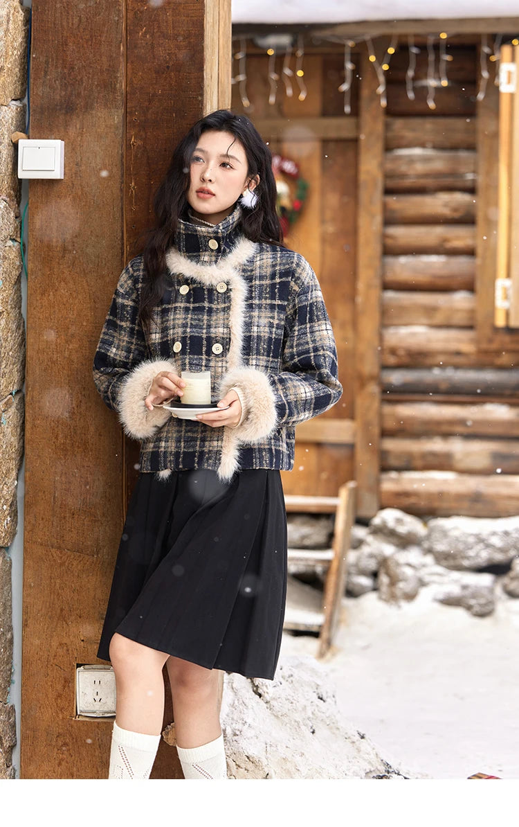 Mishow Vintage Plaid Fur Collar Stand Collar Jacket MXD36W0503
