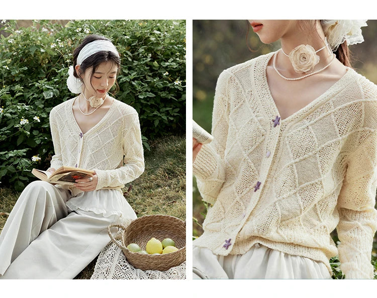 MISHOW Square Pattern Knitted Sweater for Women Spring Summer 2025 V-neck Tops Colorful Starfish Buckle Lazy Cardigan MXE16Z1213