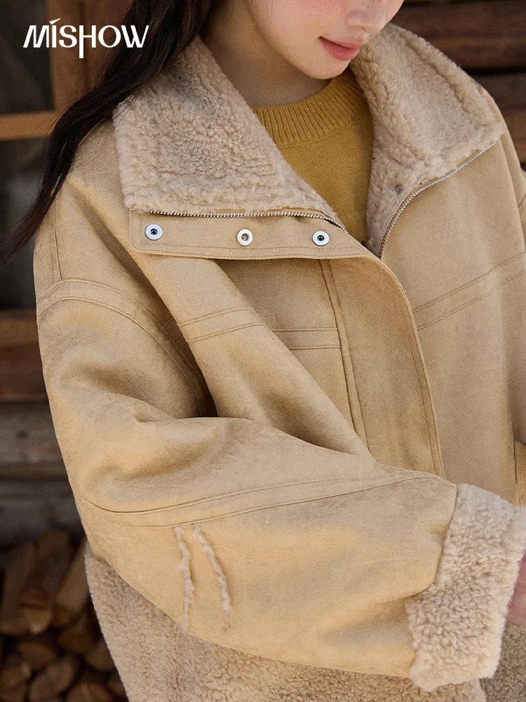 MISHOW Woman Short Jacket 2025 Fashion Yellow Stand Collar Zipper Jacket Luxury Loose Windproof Long-sleeved Coats MXE90W0996