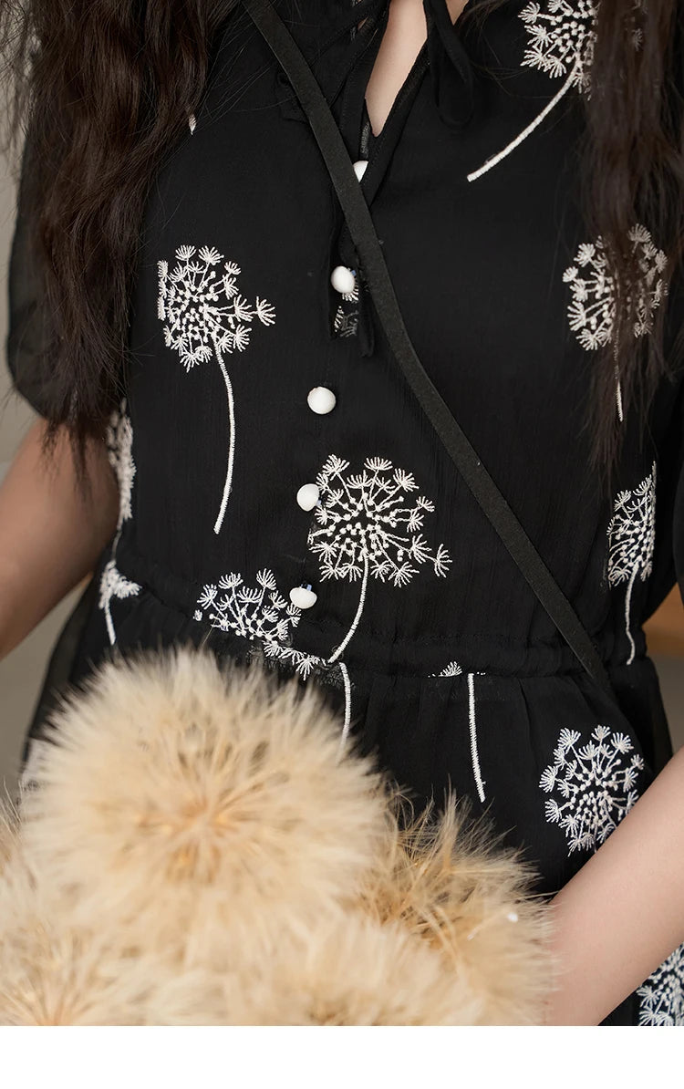 MISHOW【Taraxacum Series】Black Embroidered Dress for Women 2023 Summer French Tea Break Lace-up Retro Romantic Dresses MXC39L1567