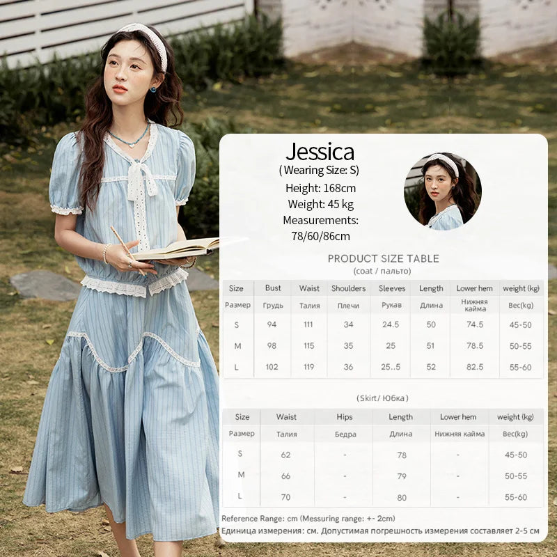 MISHOW Elegant Summer Skirts Sets Women 2025 Short Sleeve V-neck Tops Blue Stripe Lace A-line Skirt Woman Slimming MXE31T0531