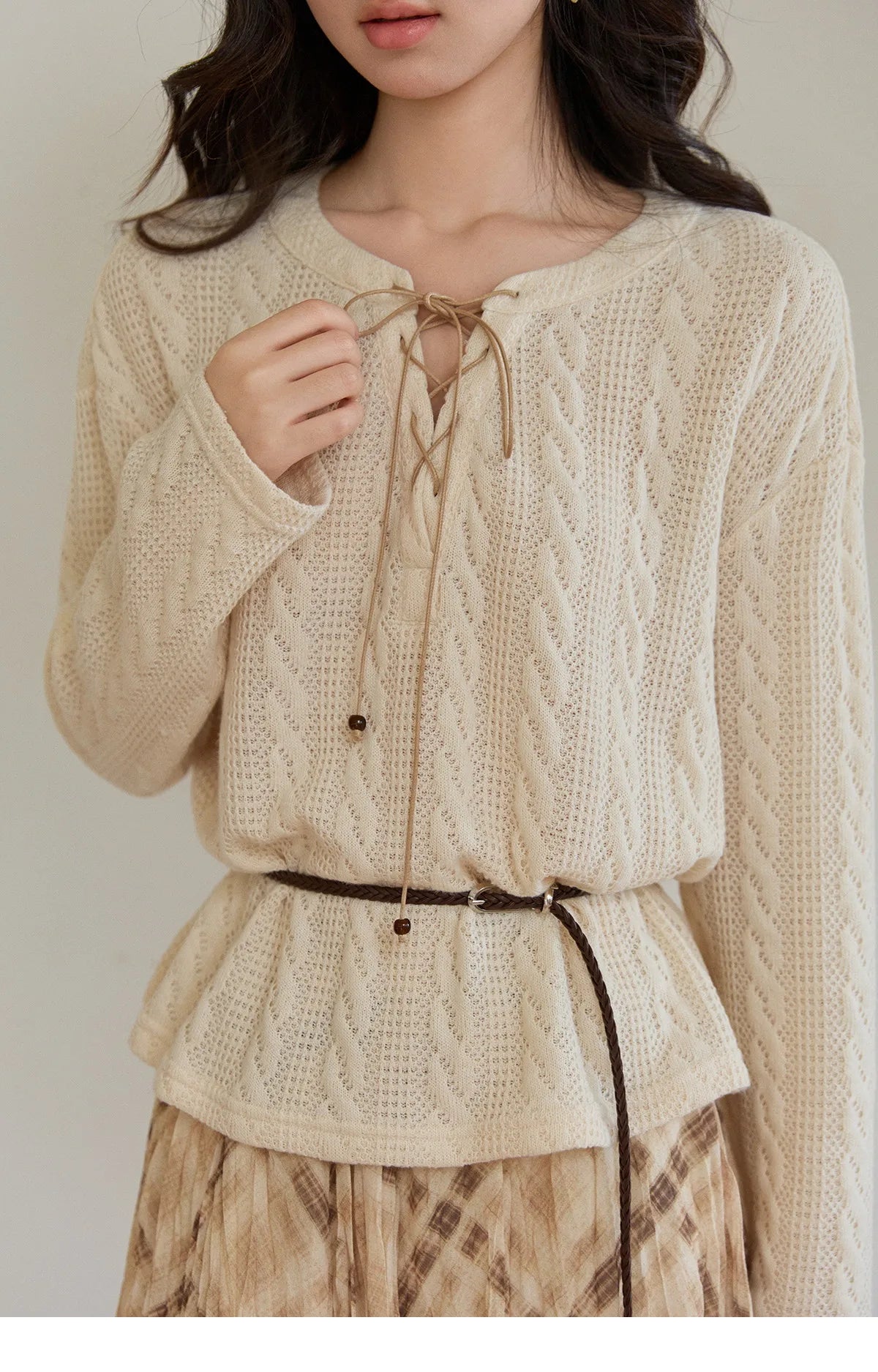 MISHOW Women's Beige Apricot Knitted Sweater 2026 Spring V-Neck Lace-Up Cable Knit Casual Loose Top Excluding Belt MXF108Z1029