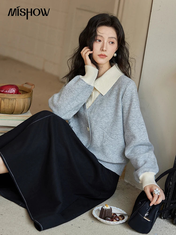MISHOW Fake Two-piece Sweater Women French Retro Splicing Top 2024 Fall Winter New Korean Design Thin Knitwear MXD46Z0804